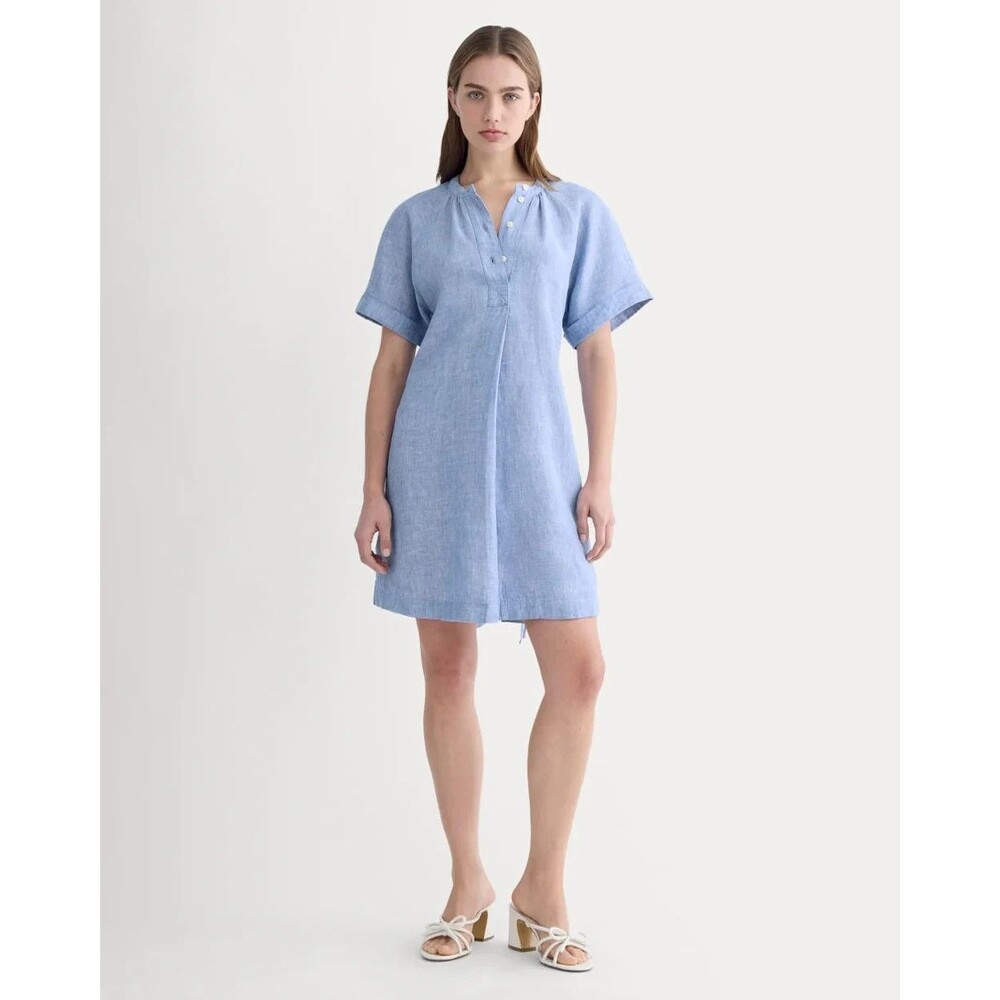 EVERLANE The Popover Dress In Linen M Chambray Blue Short Slv Drawstring NWT B92